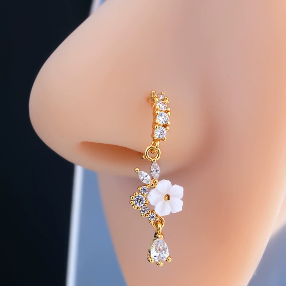 Body Jewelry Surgical Steel - Gold Flower Nose Ring with Dangle