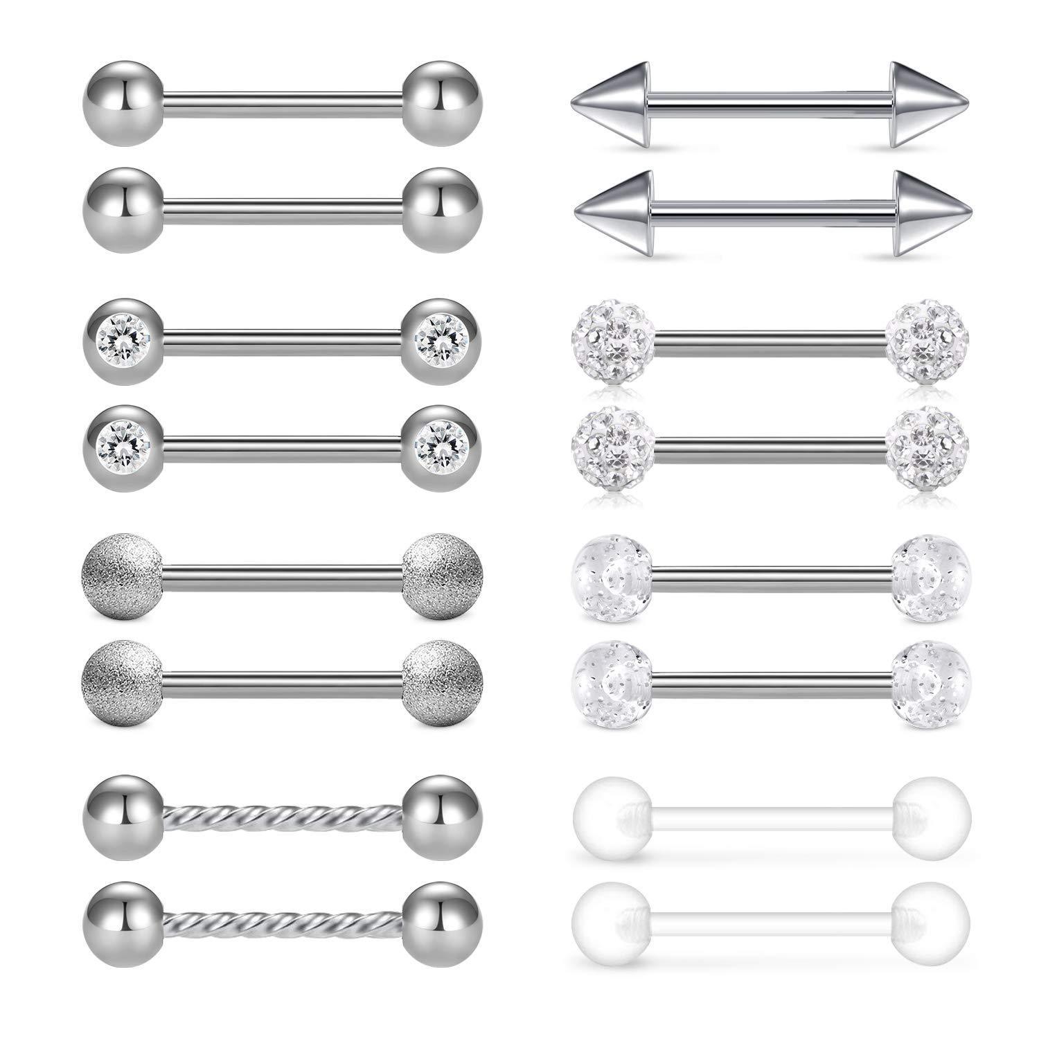 Tongue Barbell Straight - 16Pcs/Set 14G Stainless Steel Nipple Rings