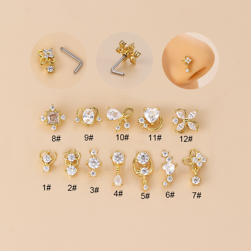 Body Jewelry Surgical Steel - 20G L-Shaped Cubic Zircon Nose Stud,