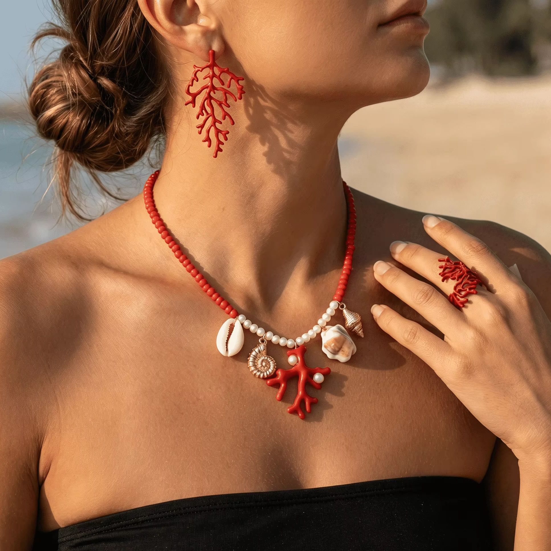 Conch Earring Hoop - Bohemian Red Coral Branch Ring Necklace