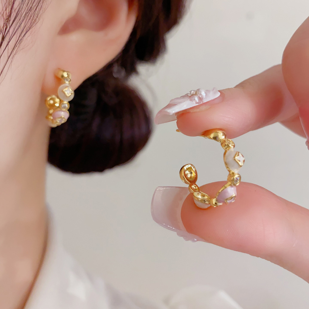 Cluster Stud Ear - Enameled Floral Cluster Half Hoop Earrings