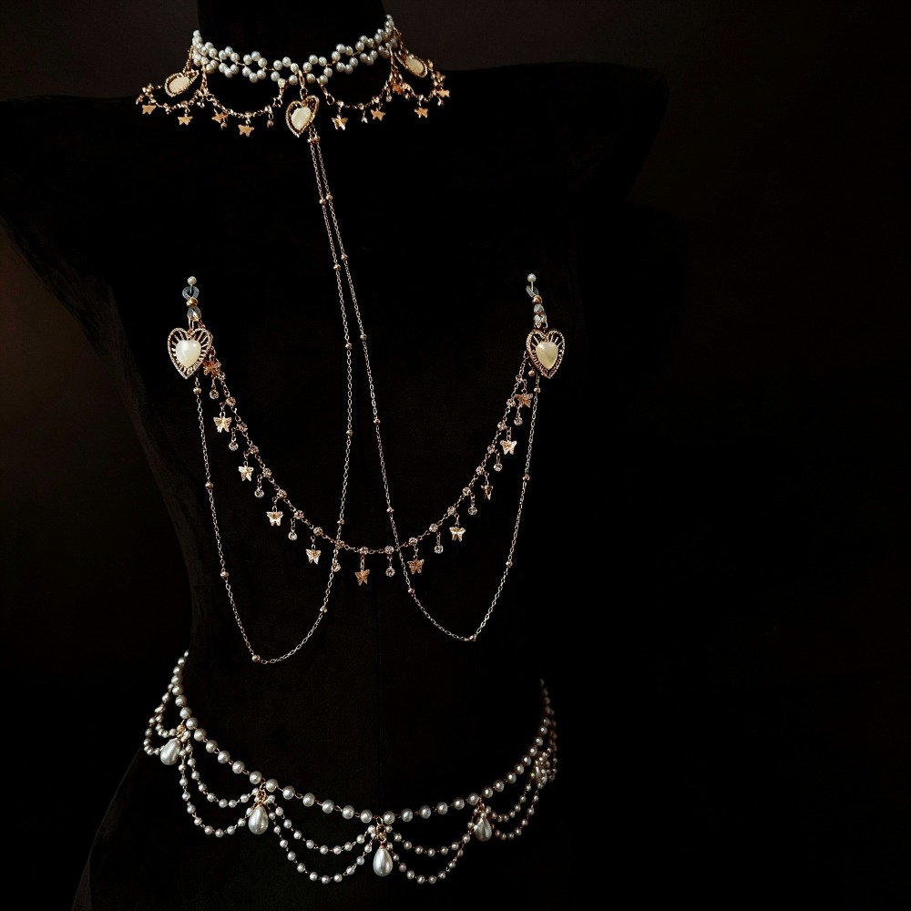 Body Jewelry Nipple Chain - Pearl Choker Body Chain Rhinestone Butterfly