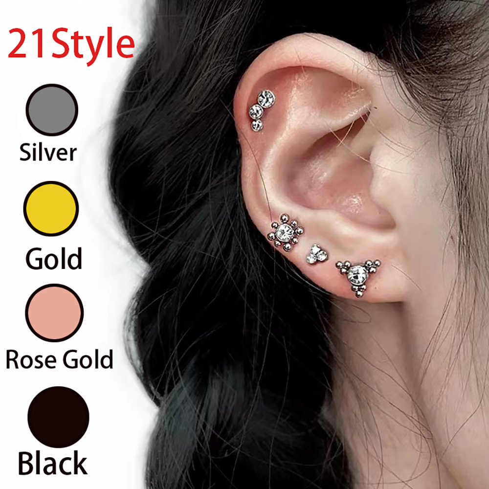 Cluster Stud Ear - 1PC Black Gold Silver Color Steel