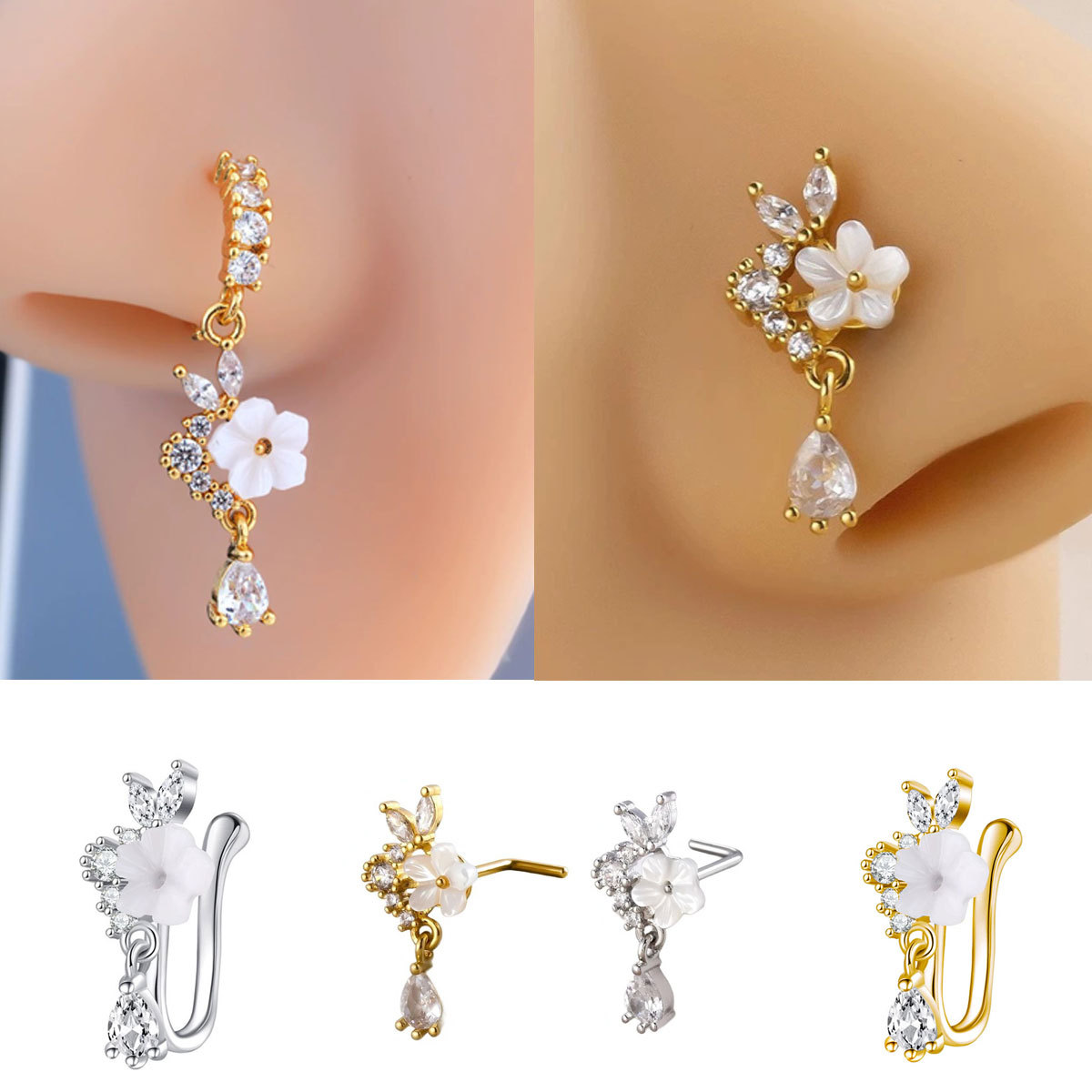 Gold Flower Nose Ring with Dan - Body Jewelry Surgical Steel recension och pris
